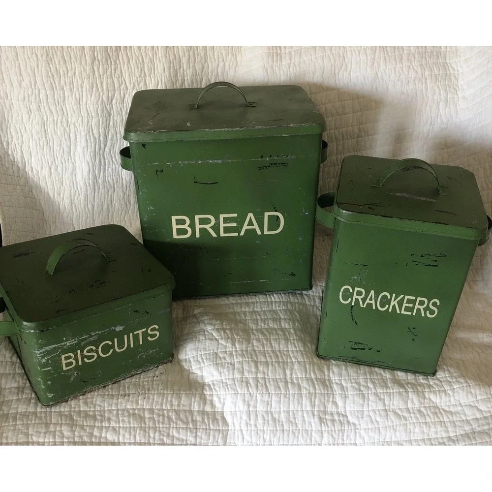 VTG Two's Company Green Metal Canisters Bread, Crackers & Biscuits Farmhouse
